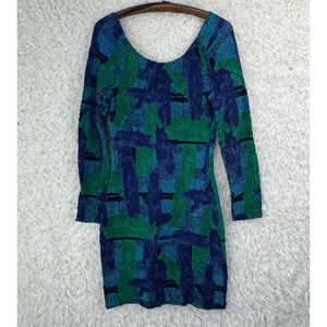 Oxygen Popcorn Dress M Blue Green Abstract Textured 90s Vintage Bodycon Mini